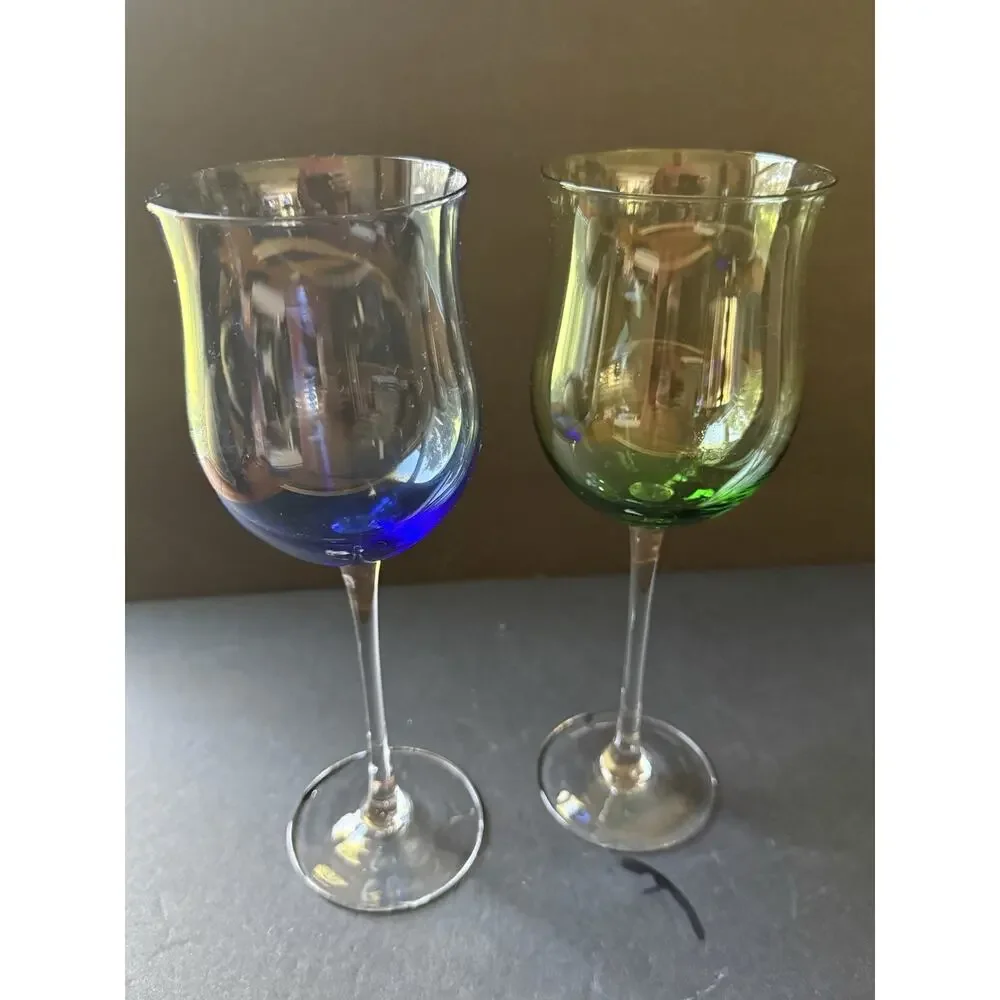 Lennox Gems Tulip Wine Glass Set 2 Stem Colorful Cocktail Barware MCM Minimalist